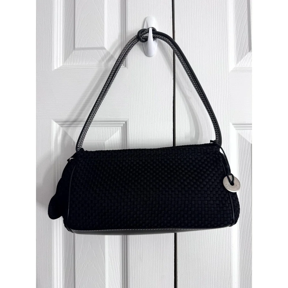 The Sak Woven Knit Shoulder Bag Women's Black Crochet Baguette Handbag Purse